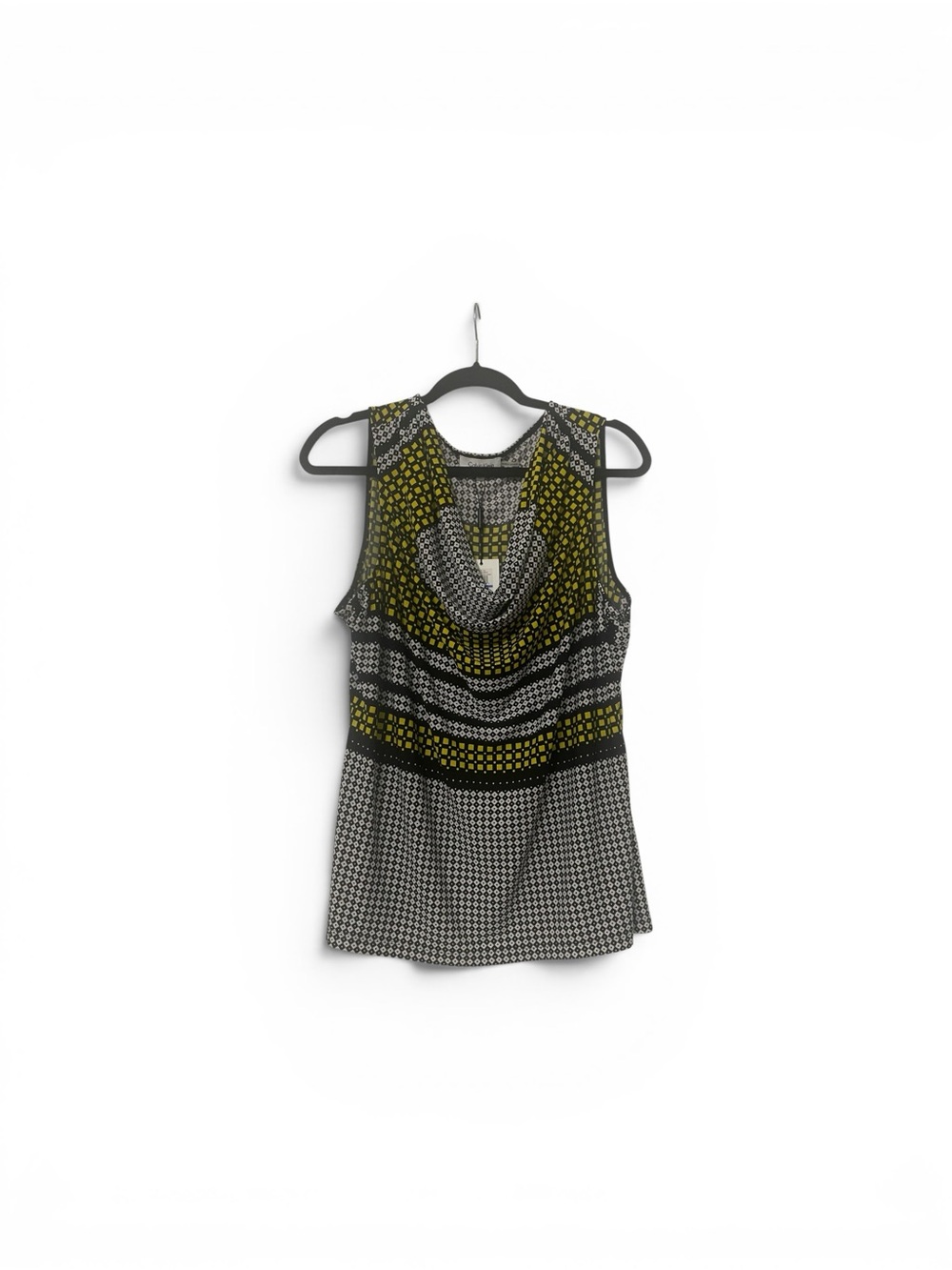 Calvin Klein Black & Yellow Patterned Draped Cowl Neck Top